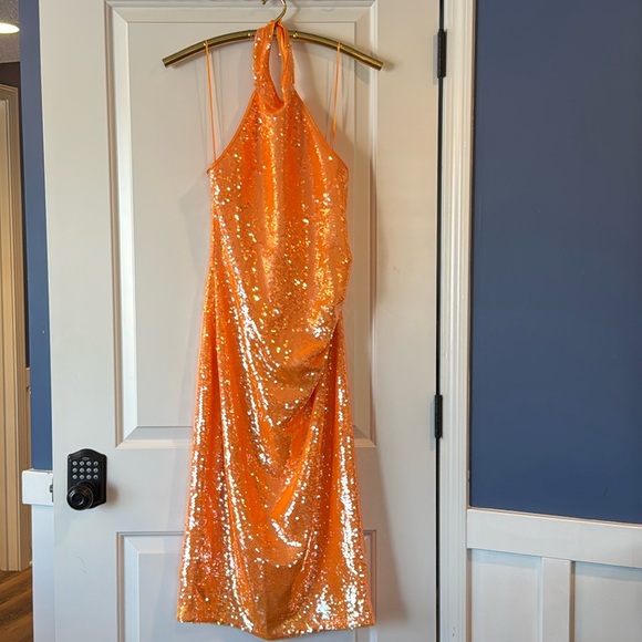 CAROLINE CONSTAS Orange Halter Fully Lined Midi Sequin Dress - Picture 1 of 12